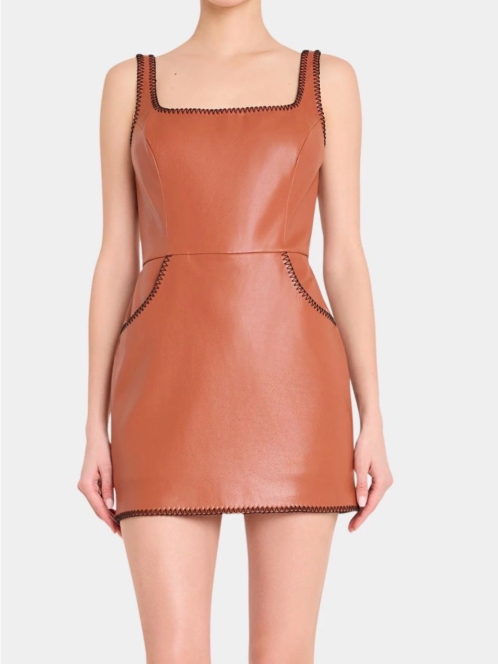 Amanda Uprichard Cognac Faux Leather Mini Skort Dress with Contrast Stitch